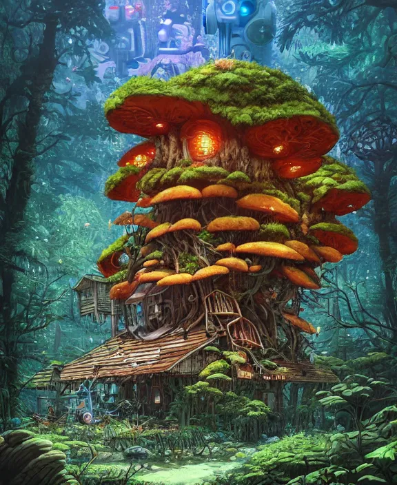 Prompt: a whimsical cabin made from robots, overgrown with huge exotic fungus, deep in the woods, by dan mumford, yusuke murata, makoto shinkai, ross tran, underwater, hellish, cinematic, unreal engine, cel shaded, featured on artstation, pixiv