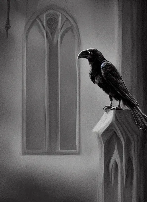 Image similar to a raven perched upon a windowsill at night in a gothic manor, black & white digital painting, trending on artstation