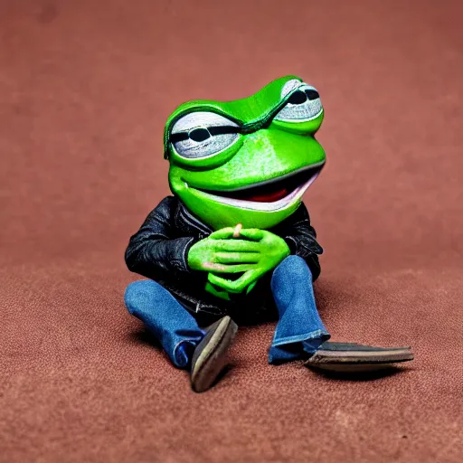 Image similar to perfectly accurate miniature figure of pepe the frog wearing jeans and a black leather jacket, soft textures, skin texture, clothing, 3d sculpture, textured, fine detail, lifelike, photo, high resolution, octane render, post processing, after effects, trending on artstation