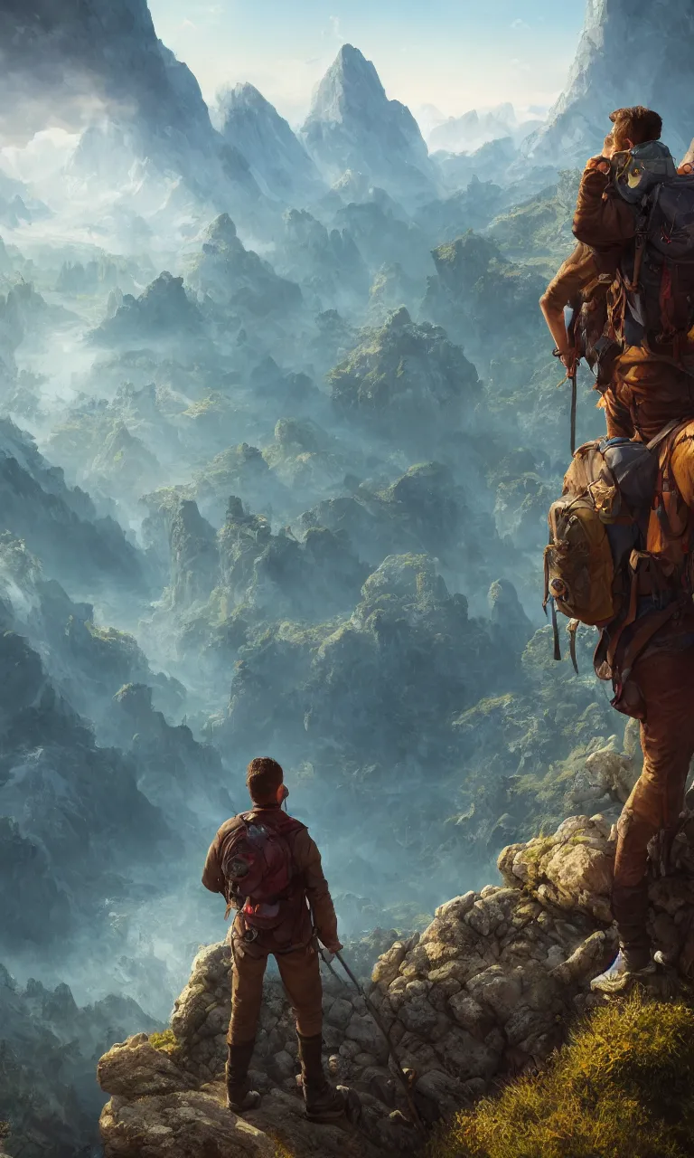 Prompt: an oil art close - up centered adventurer with a leather hiking rucksack on his back looking out to a view from a cliff looking out to a fantasy mountain landscape, 4 k, ultra detail, volumetric lighting, unreal engine, octane render, tom bagshaw, andreas rocha