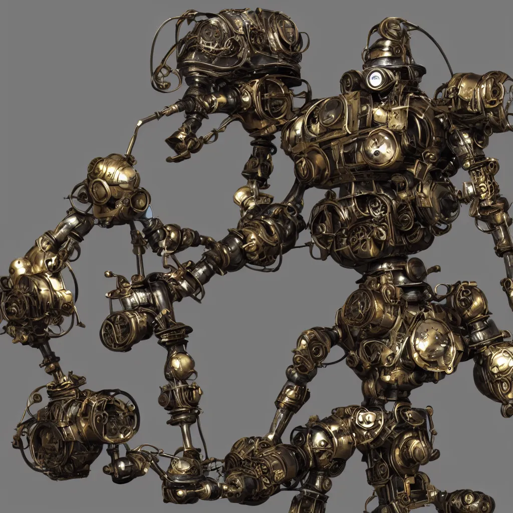 Image similar to steampunk style sweeping robot, photorealistic, 3 d rendering, cute, unreal engine, bokeh