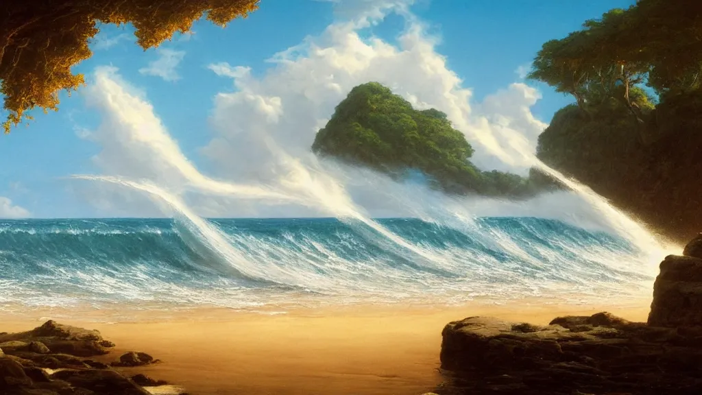 Image similar to first person view of breaking waves on the shore, summer, clear beautiful sky, bright sky, dolphins dolphin swimming, peaceful, amazing, by andreas rocha and john howe, and Martin Johnson Heade, featured on artstation, featured on behance, golden ratio, ultrawide angle, f32, well composed