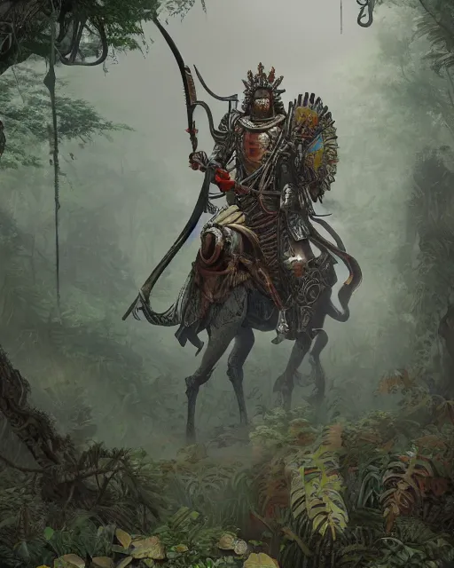 Prompt: spanish conquistador wearing ornate armor in a dense foggy jungle environment by pablo picasso and miyazaki, octane, studio ghibli color scheme, intricate, portrait, anatomy, trending on artstation