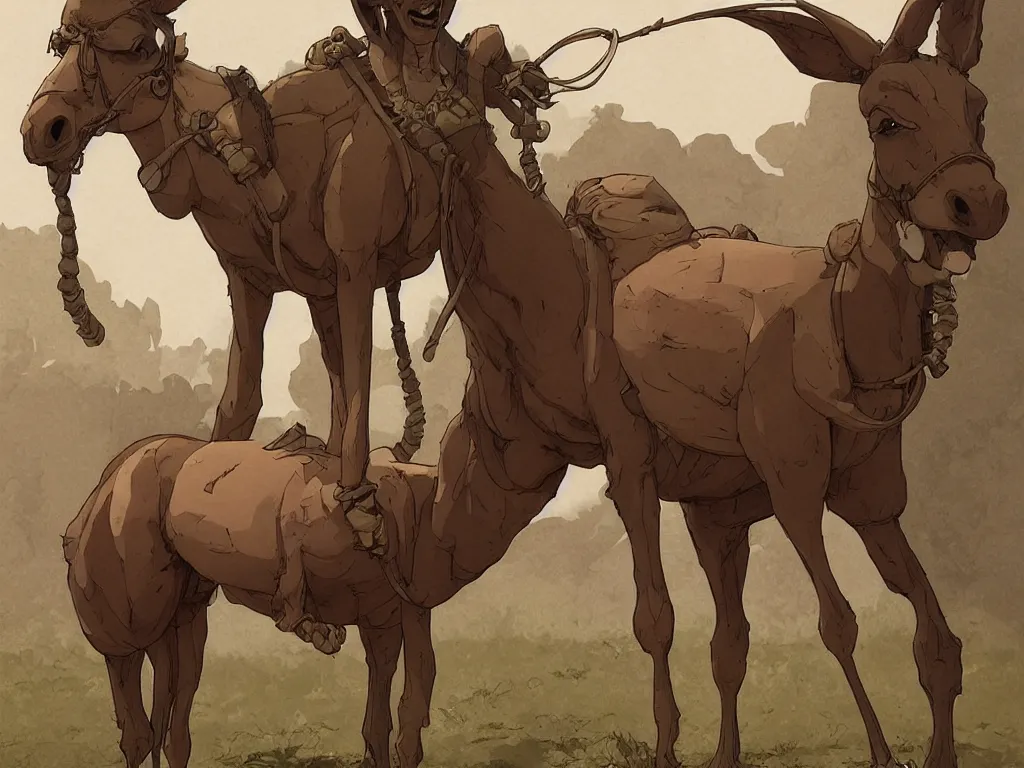 Image similar to A centered chest up portrait of an anthropomorphic mule, award winning. superb resolution. in the art style of junji Ito and greg rutkowski . by Michael Whelan and Tomer Hanuka. A pack mule. Detailed rustic bar in the background. Hyper realistic anime. Perfect art. Dalle2