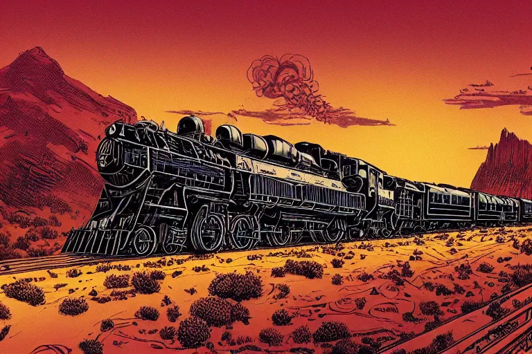 Image similar to old western freight train illustration by joe fenton and syd mead and p. craig russell and barry windsor - smith, artstation, 4 k, graphic novel, concept art, matte painting, steam engine spewing billowy white clouds of steam, beautiful idyllic mountain desert sunset background, golden hour, art nouveau