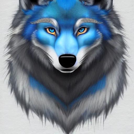 Image similar to portrait of an anthro furry fursona blue wolf with blue fur, handsome eyes, sketch doodles surrounding it, photo of notebook sketch