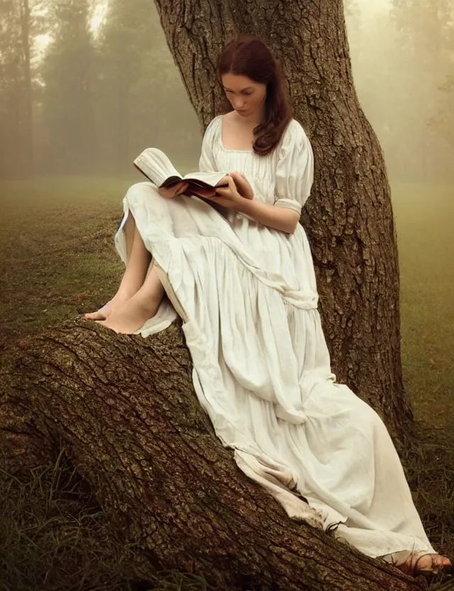 Image similar to beautiful peasant Girl in long white dress reading a book sitting on a tree in a foggy forest, Cinematic focus, Polaroid photo, vintage, neutral colors, soft lights, by Steve Hanks, by Serov Valentin, by lisa yuskavage, by Andrei Tarkovsky 8k render, detailed, oil on canvas