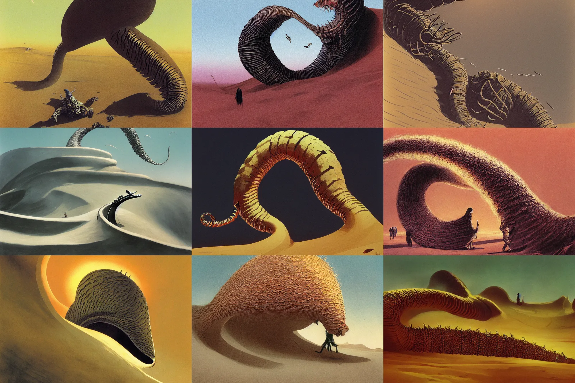 Prompt: dune, huge sandworm unleashed out of sand in a desert, worm strikes from air and is going towards, getting closer, with its nasty mouth opened, realistic, detailed, artstation, orientalism, by Jack Gaughan, by John Harris