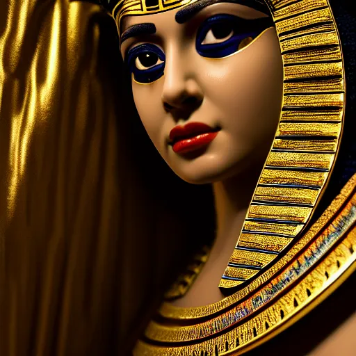 Prompt: cleopatra in a cinematic closeup. egyptian royal chamber. canon eos c 3 0 0, ƒ 1. 8, 3 5 mm. 8 k. medium - format. inspired by roger deakins cinematography, photorealistic