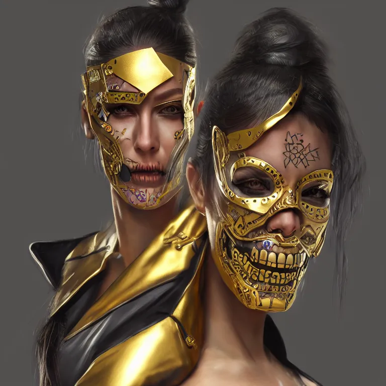 Image similar to cyberpunk female with a gold accented metallic sugar skull mask, concept art by jama jurabaev, cinematic shot, trending on artstation, hybrid from the elden ring and art direction by darius zawadzki ; by artgerm ; wayne reynolds art station ; cinematic quality character render ; low angle ; ultra high quality model ; production quality cinema model