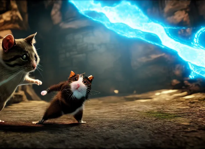 Image similar to hamster fights a cat in mortal kombat at a volcano with shao khan cheering in the background. fantasy magic style. highly detailed 8 k. intricate. lifelike. soft light. sony a 7 r iv 5 5 mm. unreal engine with nanite and path tracing