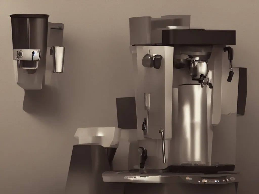 Prompt: photography of a coffee machine, realistic, by pixar, serene illustration, fresh colors, trending on artstation