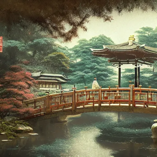 Prompt: A detailed scene of a traditional japanese garden with a tea house and bridge, beautiful, digital painting, concept art, serene, by Greg Rutkowski and Magali Villeneuve