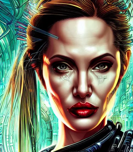 Prompt: hyper detailed comic illustration of a cyberpunk Angelina Jolie, cybernetics on his face, by Android Jones intricate details, vibrant, solid background, low angle fish eye lens