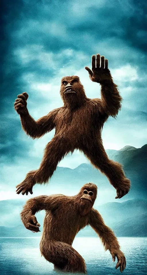 Prompt: Movie Poster for “Bigfoot vs The Loch Ness Monster.”