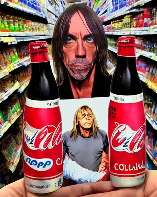 Image similar to a hand holding a bottle of cola with iggy pop's face on the label, inside a supermarket