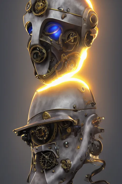 Image similar to steampunk mask minimalist fantasy art robot ninja helmet, global illumination ray tracing hdr fanart arstation by sung choi and eric pfeiffer and gabriel garza and casper konefal radiating a glowing aura