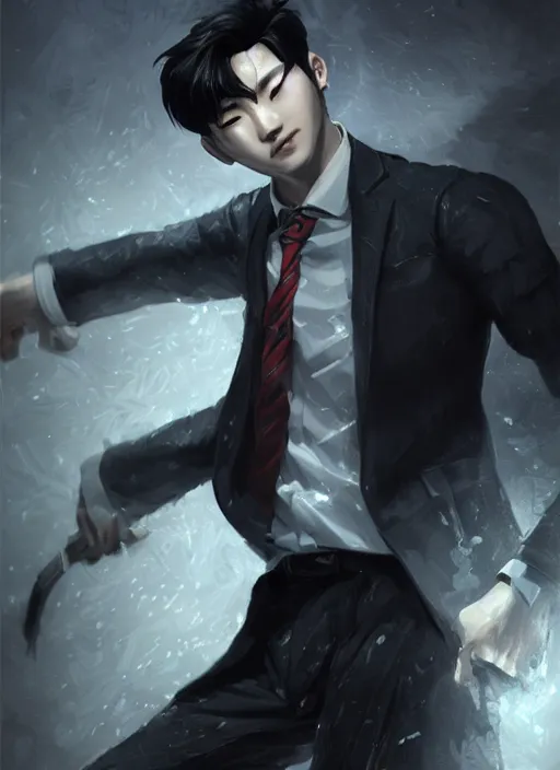 Image similar to a highly detailed illustration of attractive korean man with black hair wearing shirt and tie with giant black mist claws, wielding giat black mist claws pose, tired expression, black mist background, intricate, elegant, highly detailed, centered, digital painting, artstation, concept art, smooth, sharp focus, league of legends concept art, wlop.