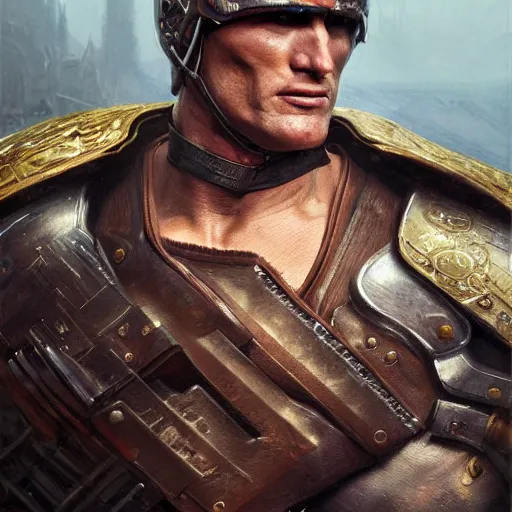 Prompt: portrait of dolph lundgren as a male fighter wearing armor and helmet, fantasy, highly detailed, digital painting, artstation, concept art, character art, art by greg rutkowski and tyler jacobson and alphonse mucha