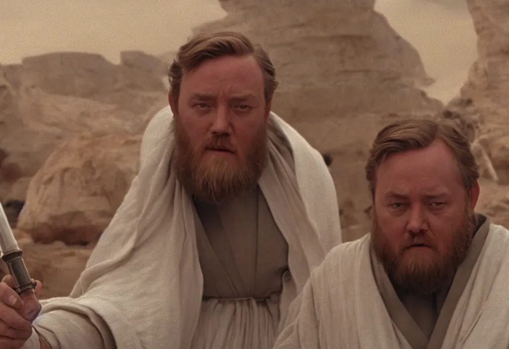 Image similar to obi wan kenobi but obese!! and overweight, photoralistic rendering, movie still, screenshot, hyperdetailed