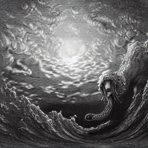 Image similar to a traditional portait of cthulhu, small town, night, soaring waves, clouds, illustration by Gustave Doré