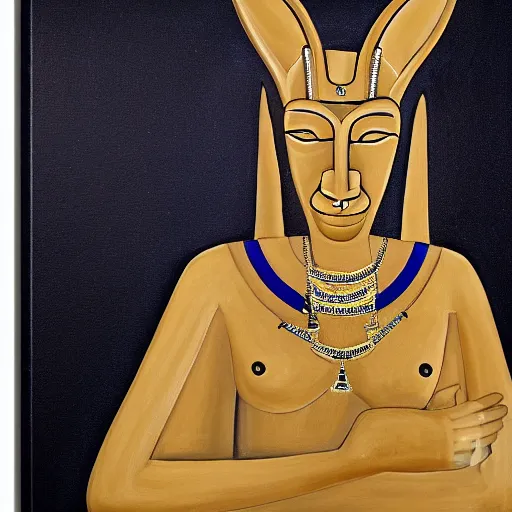 Image similar to painting of the god Anubis wearing an office suit with a gold necklace, looking at the camera, black background, studio light