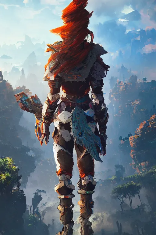 Image similar to combination suit armor aloy horizon forbidden west horizon zero dawn radiating a glowing aura global illumination ray tracing hdr fanart arstation by ian pesty and alena aenami artworks in 4 k tribal robot ninja mask helmet backpack