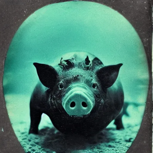 Image similar to tintype photo, swimming deep underwater, alien pig