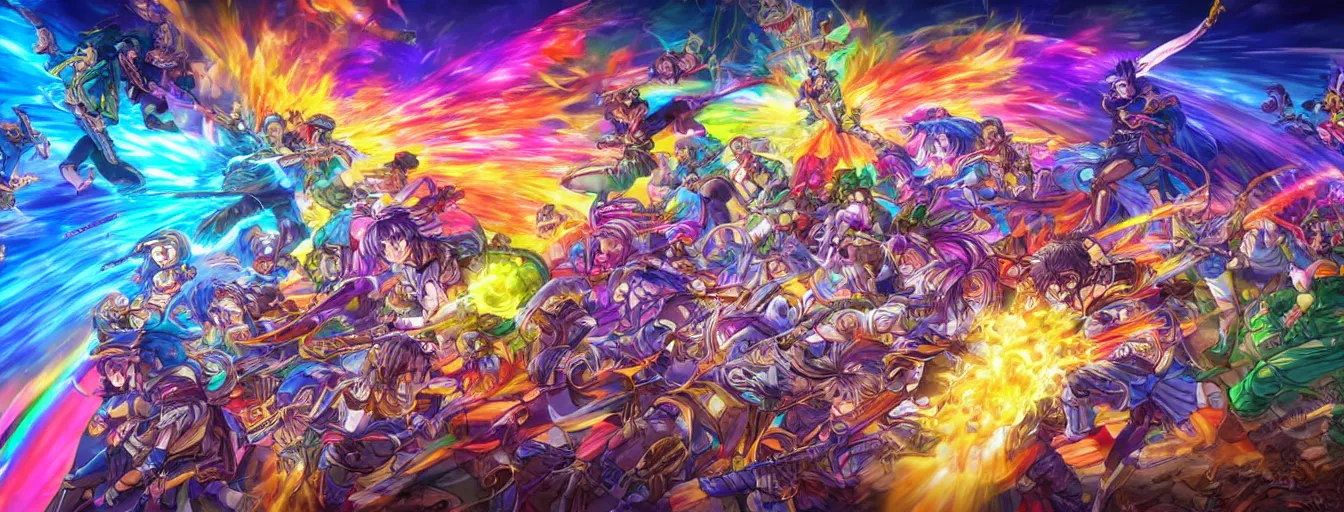 Image similar to super intensely colorful rainbow souls fighting on a battlefield with spirit power flying around. hyperrealistic anime background illustration by kim jung gi, colorful, extremely detailed intricate linework, smooth, super sharp focus, bright colors, high contrast, matte, octopath traveler, unreal engine 5 highly rendered, global illumination, radiant light