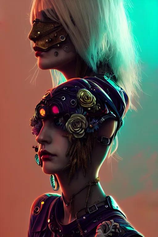 Image similar to soft lustrous raver gutter punk gothic cyborg, golden ratio, flowerpunk, details, scifi, fantasy, cyberpunk, intricate, decadent, highly detailed, digital painting, octane render, artstation, concept art, smooth, sharp focus, illustration, art by artgerm, loish, wlop