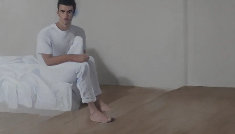 Prompt: a lonely young man in white clothes sits in a clean white empty apartment and stares into the distance, photorealistic painting, greg rutowski