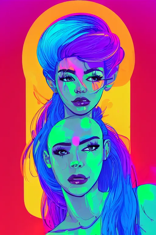 Prompt: a award winning portrait of a beautiful woman with stunning eyes in a one off shoulder croptop and cargo pants with rainbow colored hair, outlined by whirling illuminated neon lines and fine lines swirling in circles by james gilleard, digital art, trending on artstation