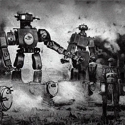 Image similar to world war one with robot mechs, black and white photograph, old photo, realistic wartime images, realistic, high quality, alternate history