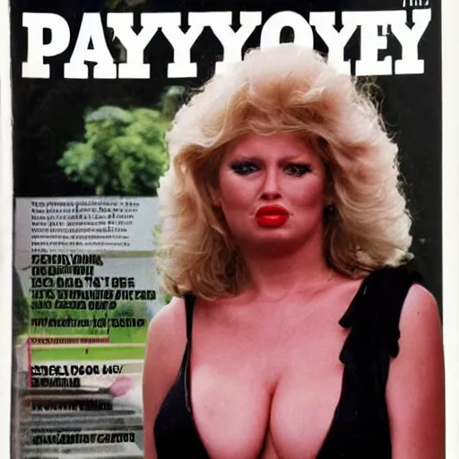 Image similar to the cover of playboy magazine from 1983 with a very ugly woman