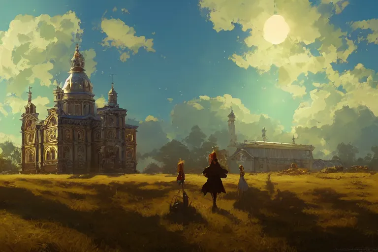 Prompt: an mobile ornate baroque church on chain wheels, scene in an open field. key visual, conceptart, ambient lighting, highly detailed, digital painting, artstation, concept art, sharp focus, by makoto shinkai and akihiko yoshida and greg manchess