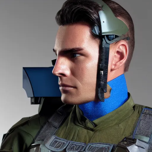 Prompt: a futuristic soldier captain with a ballistic visor and a blue shoulderpad