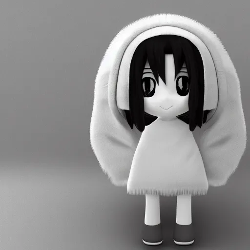 Image similar to a cute fumo plush of a girl with an enormous forehead, soft shadow, black and white, vray