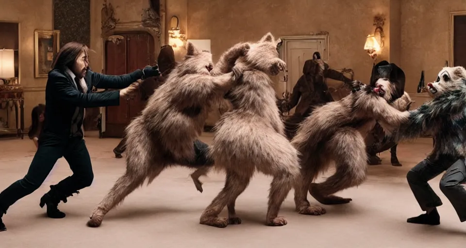 Prompt: still of nicolas cage fighting furry cosplayers, 4 k, amazing details, 3 5 mm, beautiful choreographed fight scene, beautiful composition, shot by director park chan - wook