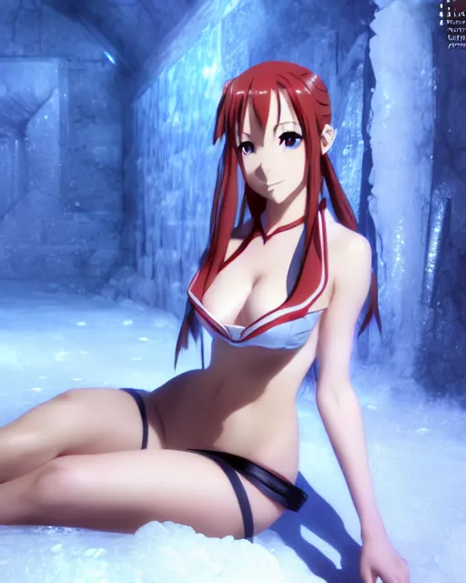 Image similar to pinup photo of asuna from sao in ice dungeon, asuna by a - 1 pictures, by greg rutkowski, gil elvgren, enoch bolles, glossy skin, pearlescent, anime, very coherent, maxim magazine, 3 d, vray, unreal 5, octave rendey, maya, cgsociety, dslr