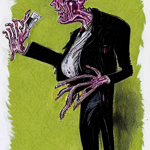 Image similar to Jacob Rothschild full body shot, dollar bills Body horror, biopunk, by Ralph Steadman, Francis Bacon, Hunter S Thompson