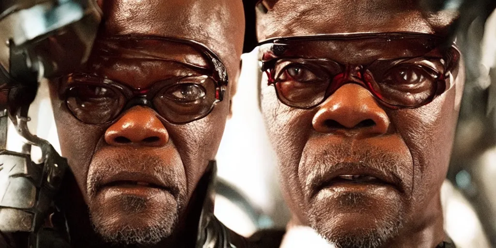 Image similar to a film still of samuel l. jackson starring in a japanese blockbuster film as yoshimitsu, shallow depth of field, cinematic, award winning cgi, vfx, film still