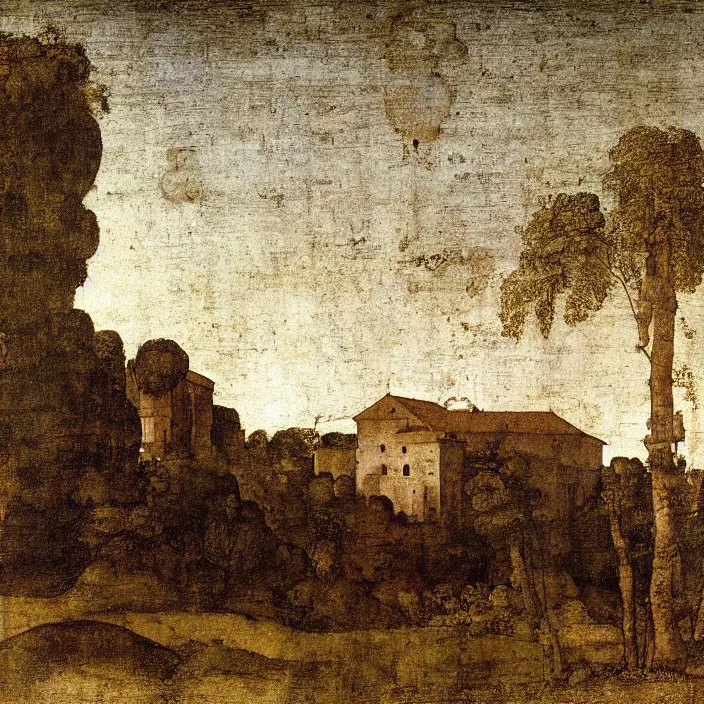 Image similar to a building in a serene landscape, by leonardo da vinci