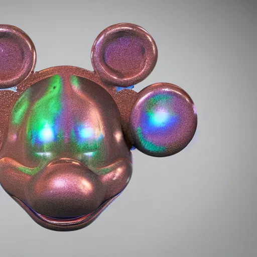 Image similar to counterfeit mickey mouse head, fractal, broken, psychedelic, wet, mycelium, radiant alien, rococo, baroque, automotive, bio-mechanical, porcelain, iridescent, sub surface scattering, octane render