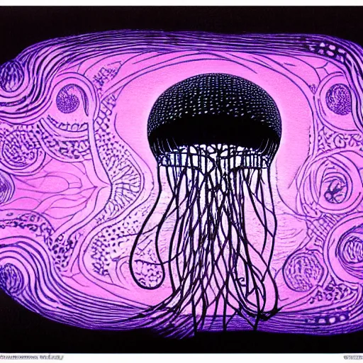 Image similar to cell shading jellyfish on black paper, vivid colours, by moebius, hiroshi yoshida, druillet