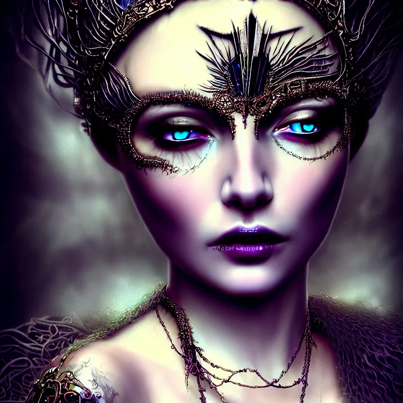 Image similar to mindblowing portrait of the enchantress queen, a stunning timeless beauty, breathtaking eyes, perfect skin, feathered eyelashes, royal gothic dress with a lot of leather, heavy silent hill aesthetic, incredibly intricate, digital art, blender, houdini & photoshop, very elegant & complex, hyper-maximalist, overdetailed, epic cinematic quality, biblical art lighting, photorealistic, lifelike, OLED, DSLR HDR 8k, face is the focus, facial feature symmetry, hyper composed, created by Nixeu & z--ed from deviantart