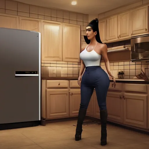 Image similar to kim kardashian fixing a fridge and in a dirty kitchen, 1 9 0 0, photorealist, ultra hd, unreal engine