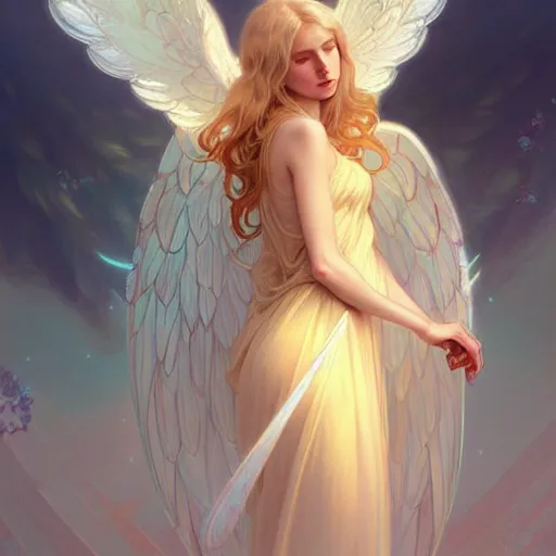 Prompt: Girl angel with elegant and delicate wings blonde hair and glowing halo, fantasy, intricate, elegant, highly detailed, digital painting, artstation, concept art, smooth, sharp focus, illustration, art by Krenz Cushart and Artem Demura and alphonse mucha