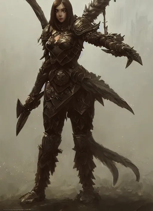 Prompt: Dryad female warrior in heavy armour. In style of Hyung-tae Kim, Greg Rutkowski and Larry Elmore, concept art, trending on ArtStation, Korean MMORPG, over-detailed art, 8K, epic, dynamic lightning, scenery.