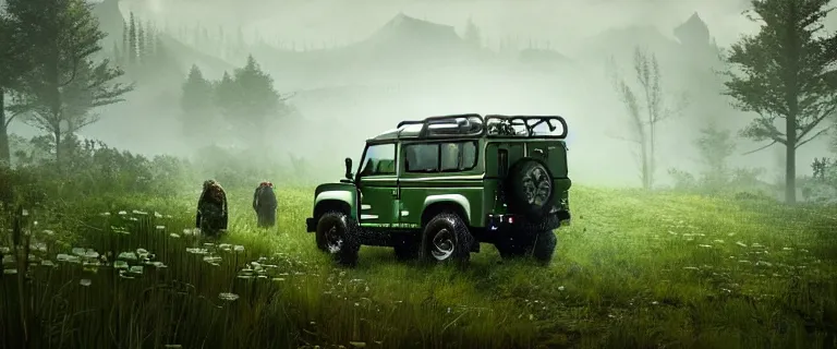 Image similar to Land Rover Defender 110 (1985), The Elder Scrolls V: Skyrim, Riften, The Rift, an epic fantasy, living flora, spriggans, humanoid flora, green floral energy flowing, dramatic lighting, cinematic, establishing shot, extremely high detail, photorealistic, cinematic lighting, artstation, by simon stalenhag