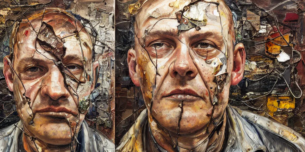 Prompt: a close up portrait a very ordinary middle-aged man with a sad expression, front angle, by Anselm Kiefer and Lucian Freud and Jenny Saville, oil painting, rust, Scaffolding, rusted metal and sunflowers, iron cladding, decay, mixed media, textured, anatomically correct, beautiful perfect face, visible brushstrokes, sharp focus, Highly Detailed, photographic emulsion peeling, Cinematic Lighting, 8k, HD